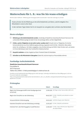Erste Seite der Übersicht mit zuständiger Behörde, Aufgaben für heute und Fristenplan